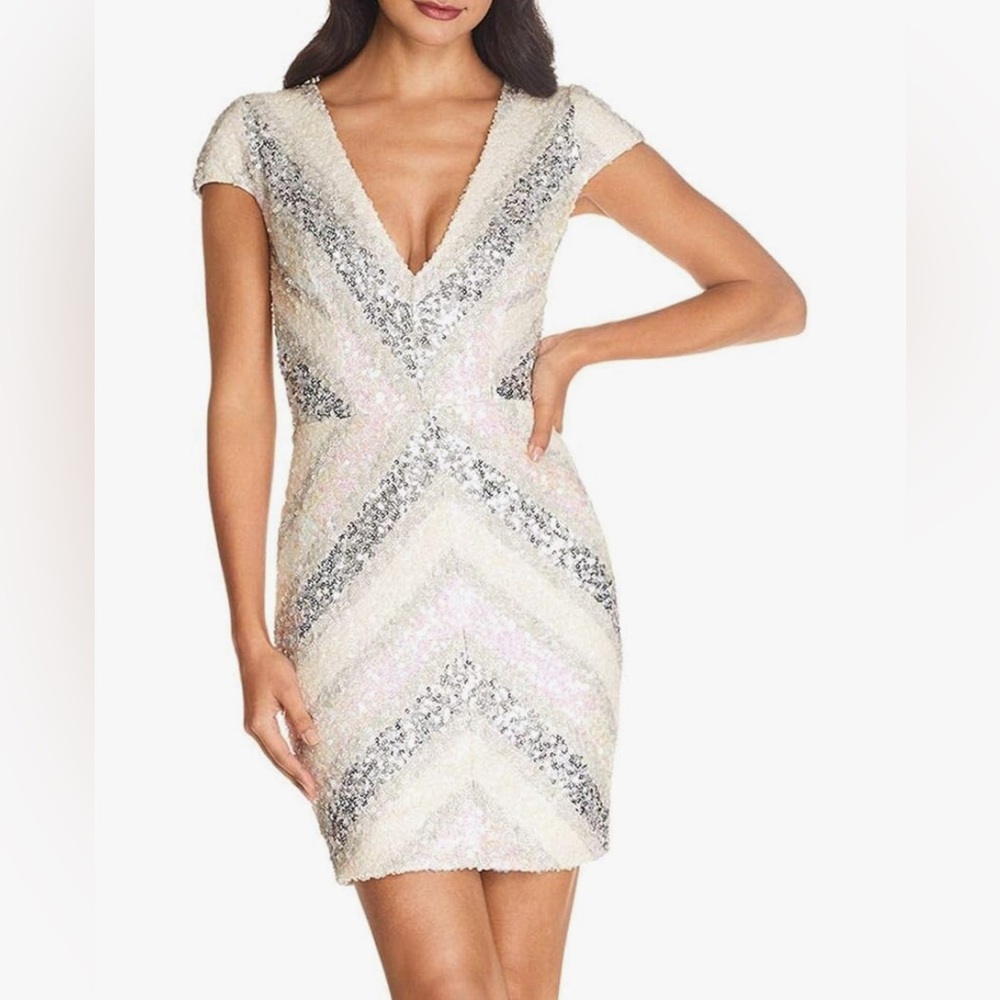 Dress the Population Ivory and Silver Sequin V-Neck Mini Dress
